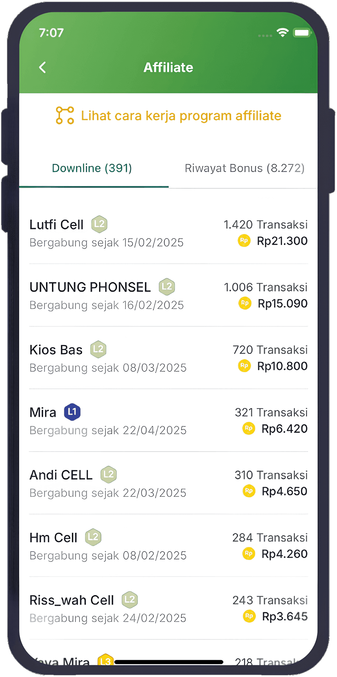 Tampilan daftar downline di aplikasi Bisadagang